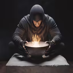 man in hooded gear opening a bowl with bright flame