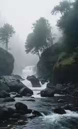 a creek running through some woods on a misty day