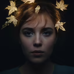 a girl with a leaf crown on her head