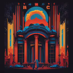 a man is standing in front of a building with multiple arches,an illustration with a red sky and columns