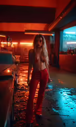 a woman is posing in an alley in a red pants