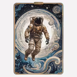 an astronaut is flying above the moon and surrounded by blue swirling waves
