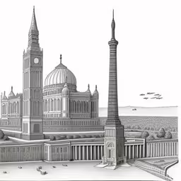 a pencil drawing of a large building with a clock tower