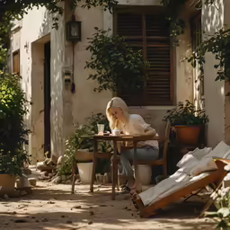 a lady sitting at a table outside with an umbrella