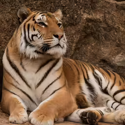 a tiger is laying on the ground in front of a rock wall