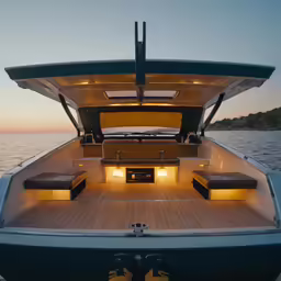 the inside of a boat with some lights on