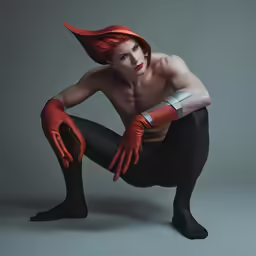 a man in full makeup with red hair and gloves
