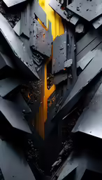 a modern, black artwork with yellow lines on it
