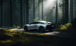 a white sports car driving through a lush green forest