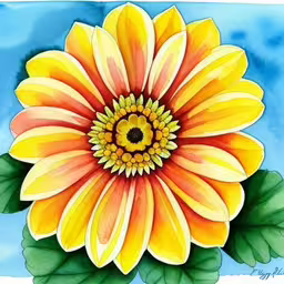 a painting of a large flower with green leaves,colorful flower on blue and white paper,a painting of a colorful flower with watercol paints,a painted yellow flower with green leaves,a colorful painting of an orange and yellow flower with green leaves