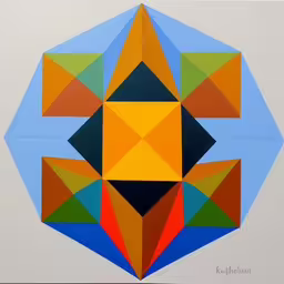 a colorful geometric art piece that is on display,the painting is called a kaleituia which has an interesting design,a piece of art with an abstract shape,an abstract painting depicting shapes that are in different colors,this abstract painting has been made in color of red and yellow, green, blue and orange