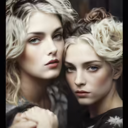 two young women are posing with one looking in the mirror
