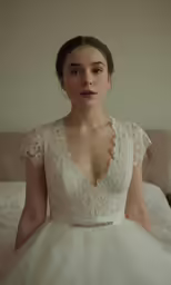 a woman is sitting on her bed dressed in a dress