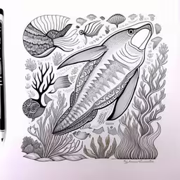 a drawing of some sort of fish on some paper,two fish swimming on a seaweed in front of corals and algae