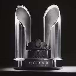a clock on a stand that is made out of silver plates
