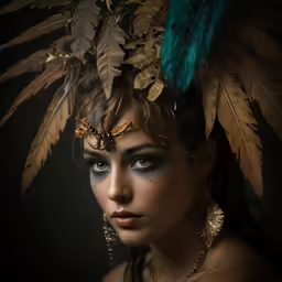 a portrait of an attractive young woman wearing a feather headpiece