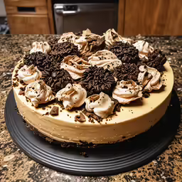 a cake covered in toppings sitting on top of a table
