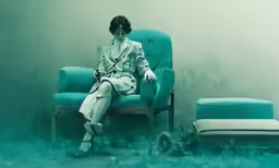 a woman in a chair sitting on top of it