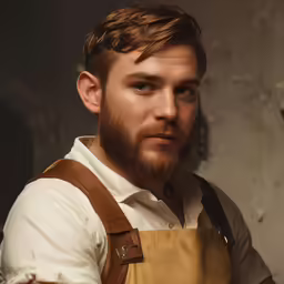 a man with long beard and brown apron