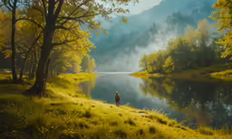 person standing next to the edge of a forest with a lake nearby