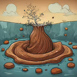 a painting of a tree growing out of a hole in the ground,a brown tree stump floating on top of a lake