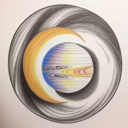 a drawing of a colorful object inside a ring,a drawing with different colors that show saturn and its rings,a drawing of an abstract object with lines and planets,an illustration of a sphere in an art class,a drawing of the saturn system with three rings