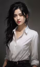 a woman standing with her hand on her waist,a young woman is dressed in a shirt and slacks