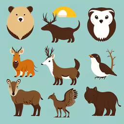 a group of animals with various facial expression,various kinds of animals on blue background