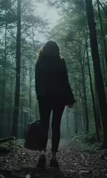 woman walking in the dark forest carrying her suitcase