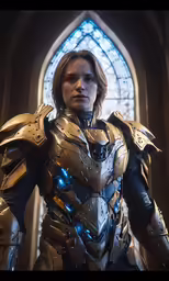 a woman wearing futuristic armor stands in front of a stained glass window
