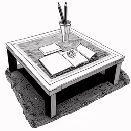 a square desk with a book, cup of pencils and some papers