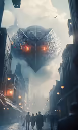 an image of a giant floating object over people walking down a city street