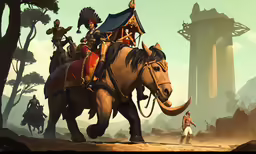 the scene shows a man walking by the horse, a horse that is standing next to a large tower