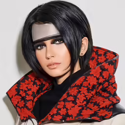 woman with black hair wearing an oversize jacket and silver earring