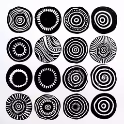 six circles with different shapes and sizes,nine circular objects and lines in black and white