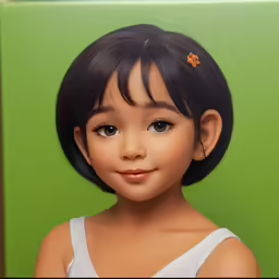 a doll with black hair and brown eyes wearing a white top