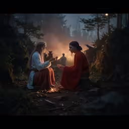 the two people are sitting by the fire while looking at something