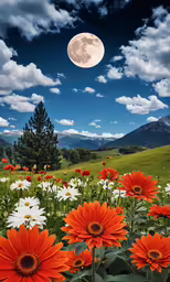 flowers in a field under a full moon with a sky background