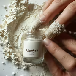 a hand holds onto a jar of white powder
