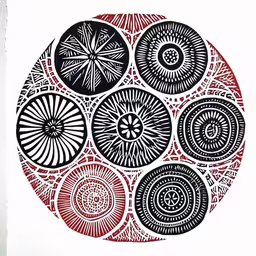 some circular drawings that have red, black and white designs on them,a circle with circular shapes in it