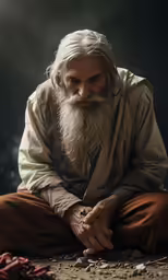 the long haired bearded man is sitting down in his mosque