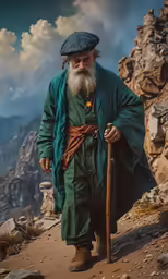 a man walking on a trail wearing a coat and hat
