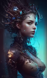 a woman with weird hair and wires on her chest