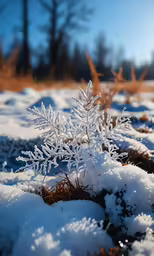a plant with snow on it in the sun
