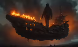 a painting of a man standing on a floating ship that has fire rising from it