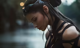 a woman wearing black leather is in the rain