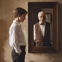 an older man in a vest and bow tie in front of a mirror