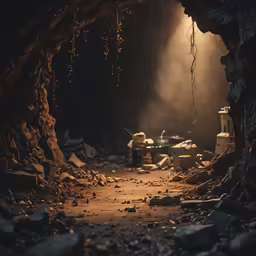 an old, run down structure in a dark cave with smoke coming out