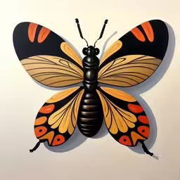 a butterfly sculpture on a white wall,a large butterfly on a wall that has a black and orange design on it