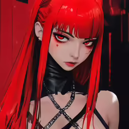 a girl with red hair and red eyes and long red hair